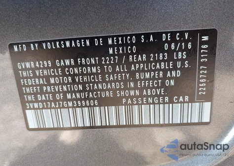 2016 Volkswagen Jetta 1.8T Sport from USA, damaged, VIN 3VWD17AJ7GM399606